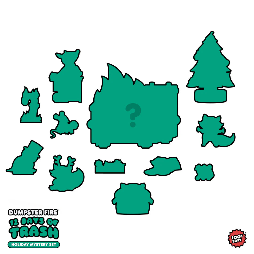 Silhouettes teasing the 12 surprise mini figures from the holiday Dumpster Fire collection.