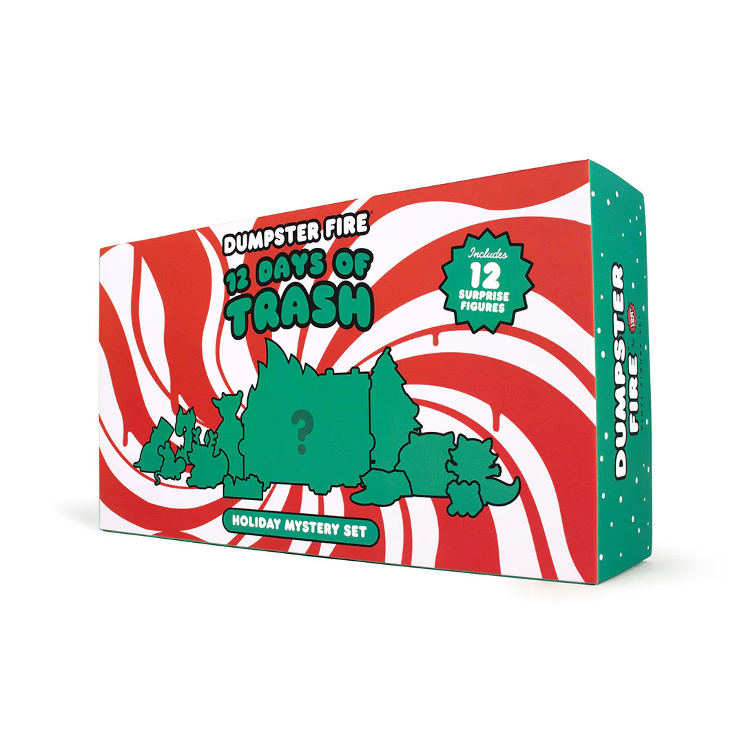 Dumpster Fire 12 Days of Trash holiday mystery set packaging with peppermint swirl design.
