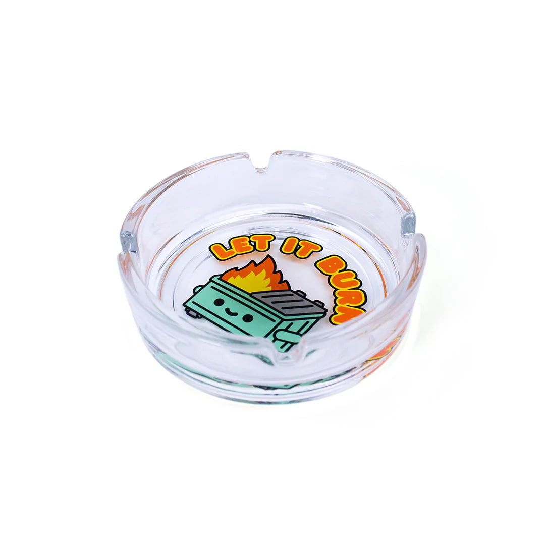 Angled view of clear Dumpster Fire ashtray highlighting glass thickness