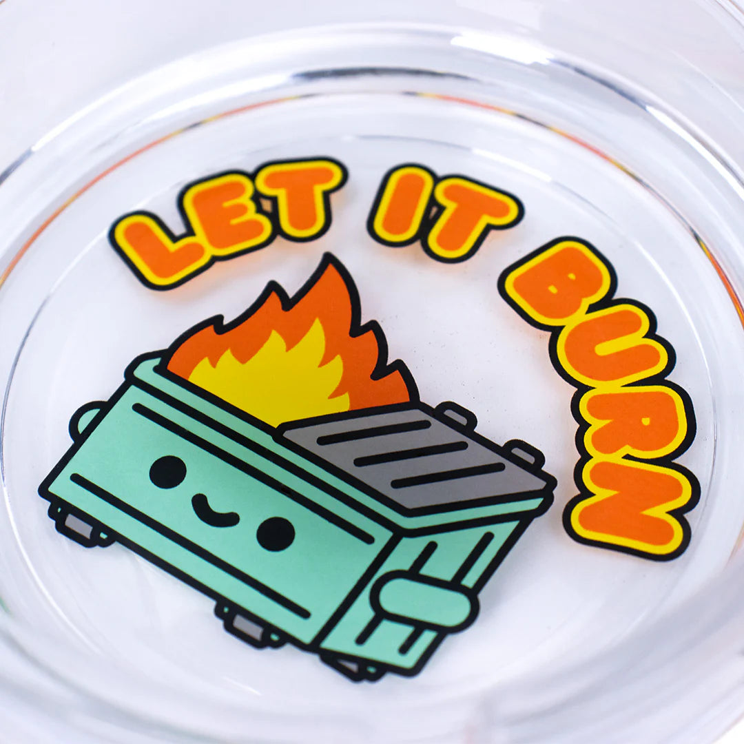 Close-up of Dumpster Fire ashtray artwork with orange flames and teal dumpster