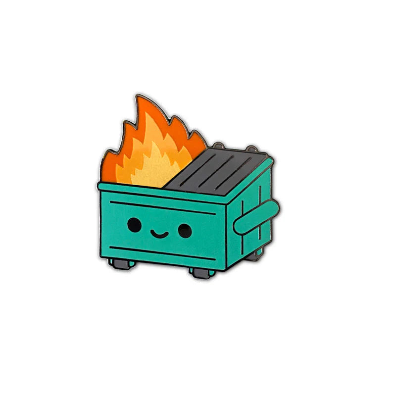 Dumpster Fire Enamel Pin by 100% Soft featuring a kawaii green dumpster with flames, black nickel plating, and hard enamel finish