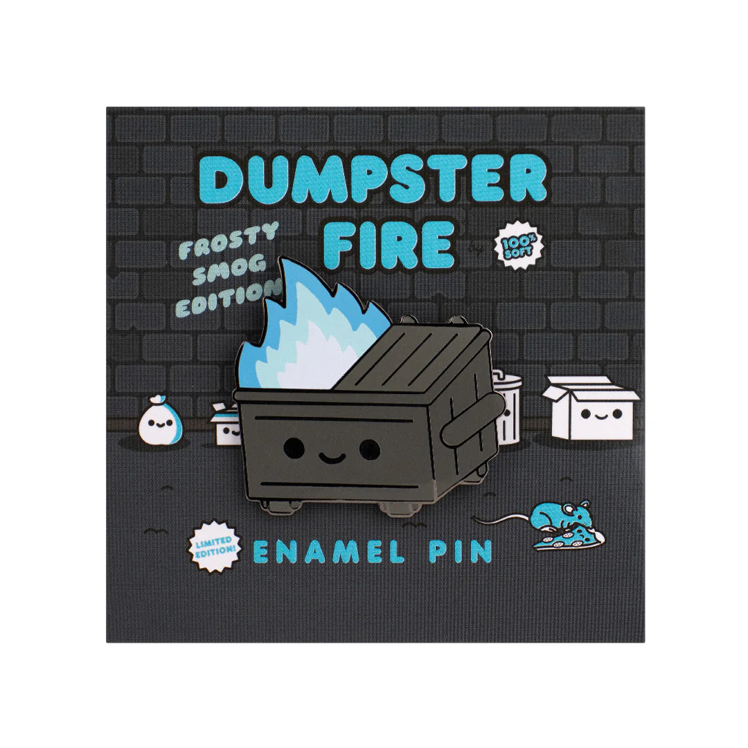 dumpster fire frosty smog enamel pin packaging 100% soft limited edition
