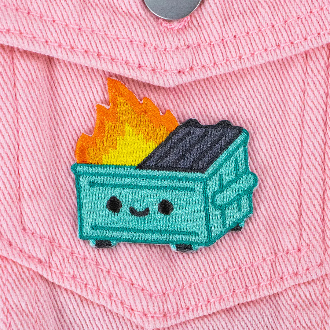 dumpster fire sticker patch on fabric embroidered kawaii fire dumpster design