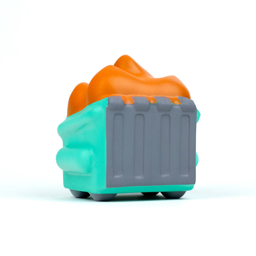 Dumpster Fire stress squishy rear view showing gray panel and wheels