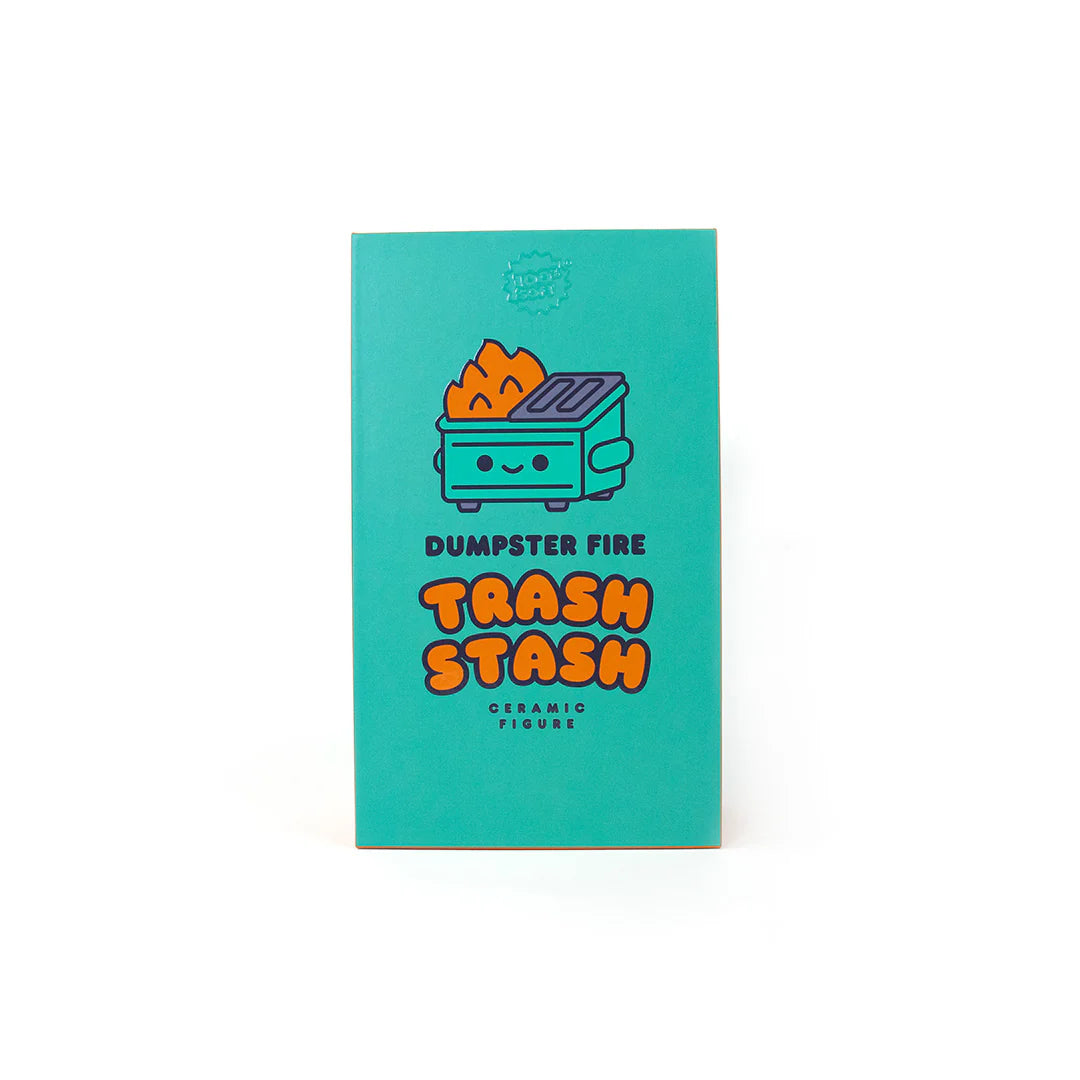 Dumpster Fire Trash Stash ceramic figure next to retail box