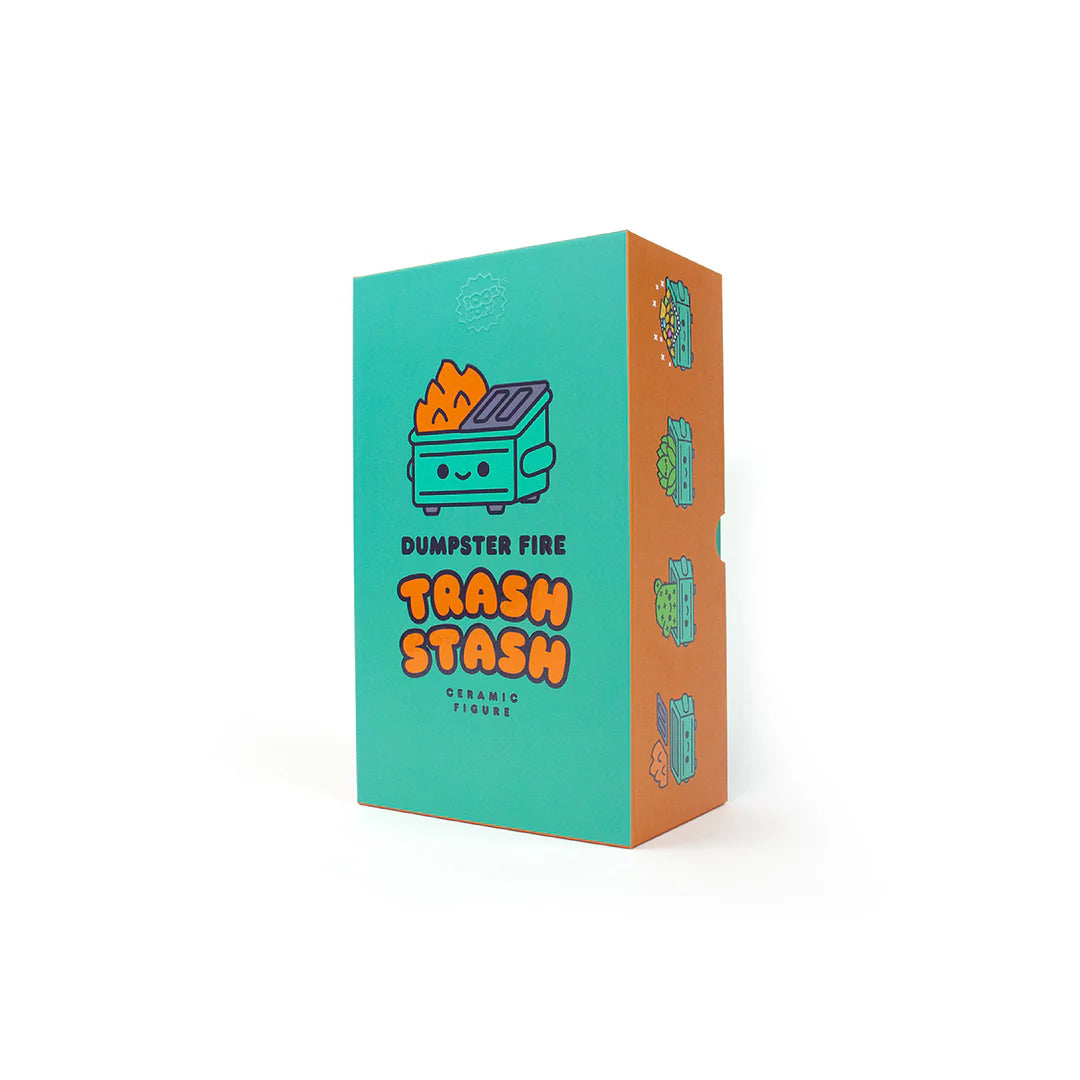 Dumpster Fire Trash Stash ceramic figure next to retail box