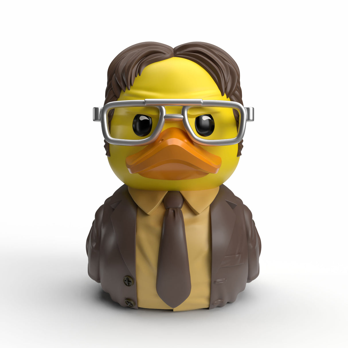 Front view of Dwight Schrute Mini TUBBZ duck in brown suit and glasses