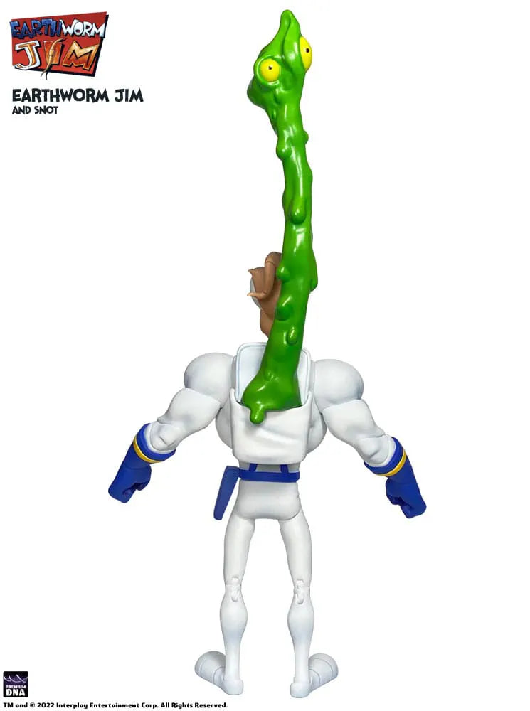 Back of Earthworm Jim with Snot companion popping out of suit