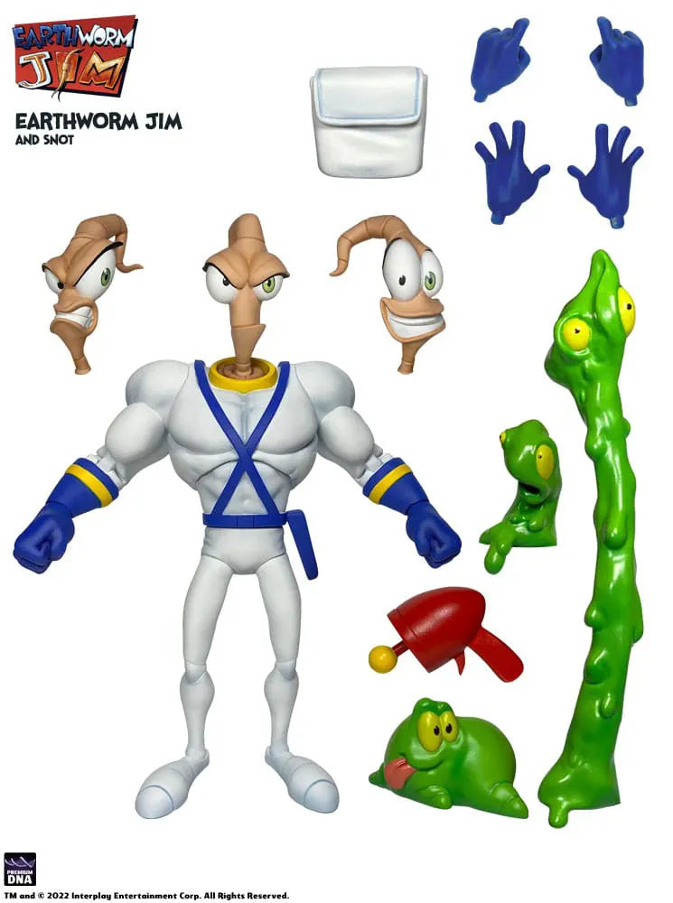 Full contents spread – Earthworm Jim, Snot figures, blaster, heads, hands, and accessories