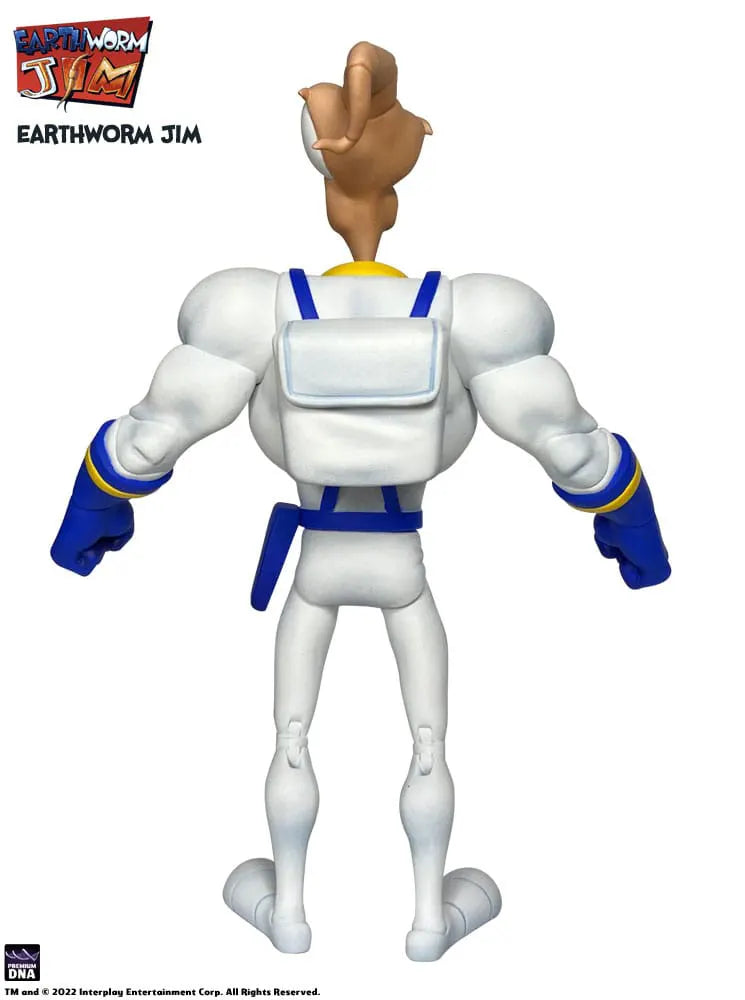 Back view of Earthworm Jim showing muscular profile and backpack