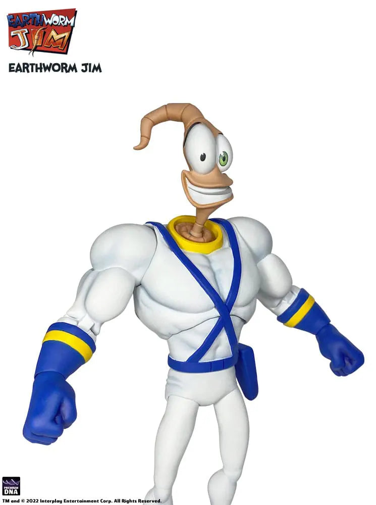 Earthworm Jim smiling with fists clenched and classic suit details