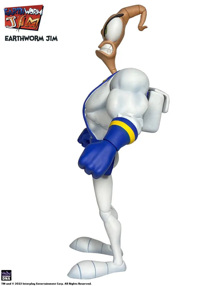 Side view of Earthworm Jim showing muscular profile and backpack