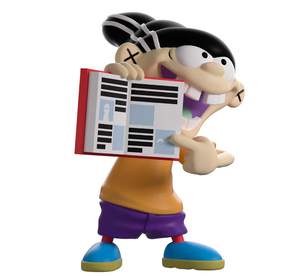 Angled side view of Edd Double D Youtooz figure pointing at an open book