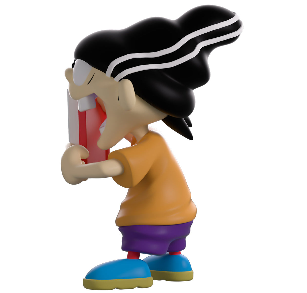 Side profile of Edd Double D Youtooz vinyl figure with striped beanie and open book