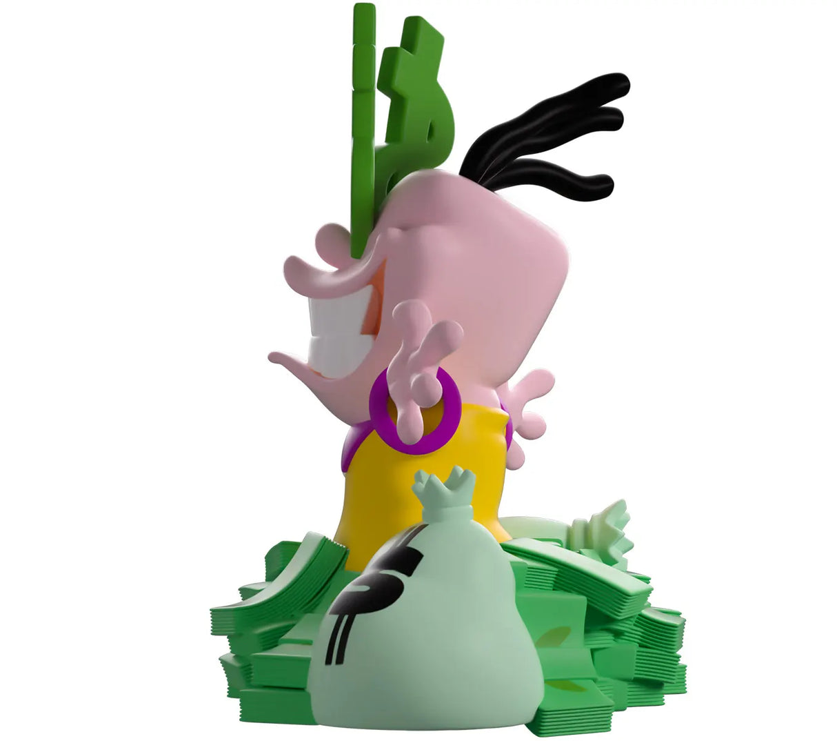 Side profile of Eddy Youtooz vinyl figure with oversized grin and dollar sign eyes
