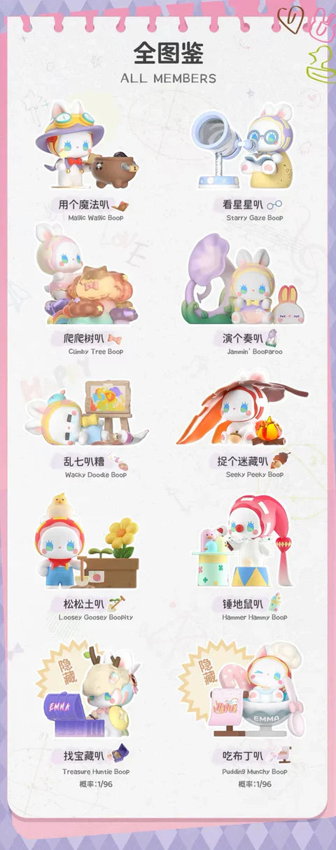 Character lineup poster showing all EMMA Fairy Babe Academy figures and hidden chase editions.