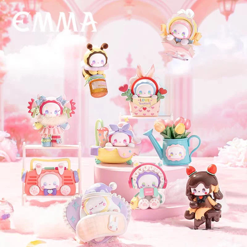 Full lineup of Emma Secret Forest Love Dopamine Series Blind Box figures including Chocolate Killer, Floral Master, Sweet Harvest, Sweet Dreams, Love Letter, Reading World, Game Time, Soul Sound, Bubble Magic, and Candy Club.