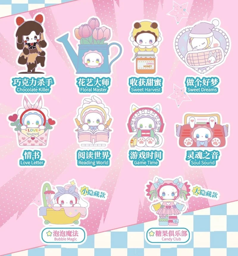 Group display of Emma Secret Forest Love Dopamine figures arranged on pastel pink background with dreamy props.