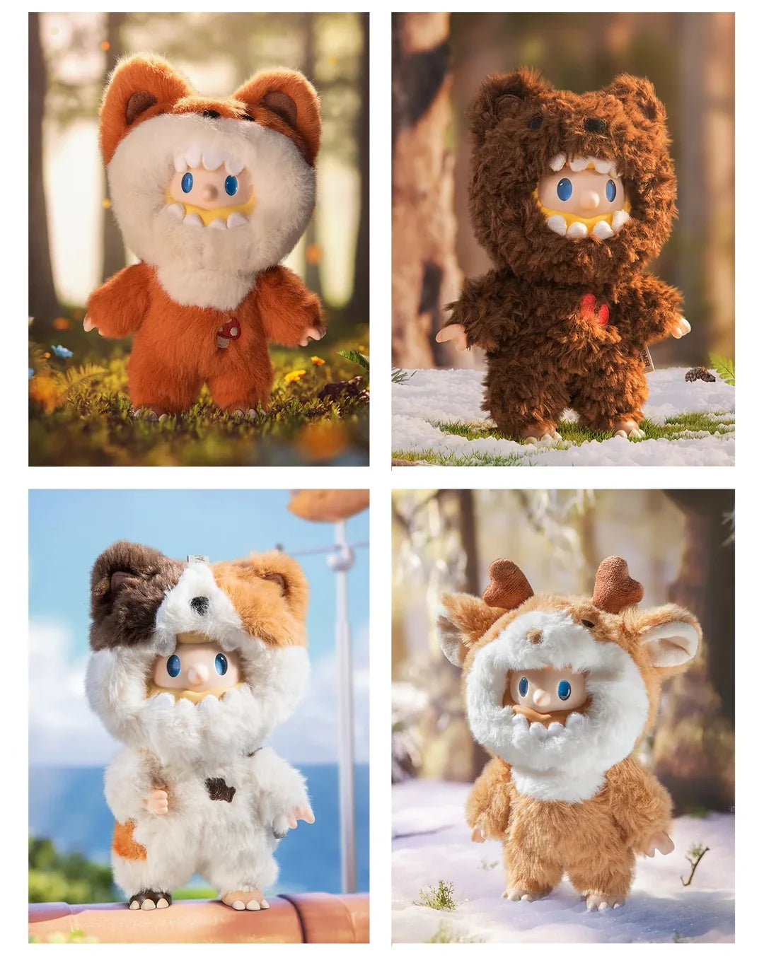 Farmer Bob Fox, Bear, Calico Cat and Deer Monster Bob plush figures.