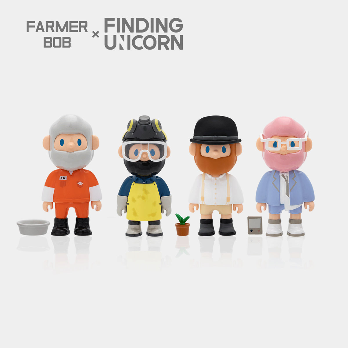 Close-up of Farmer Bob blind box toys with Secret Agent and Gameboy characters