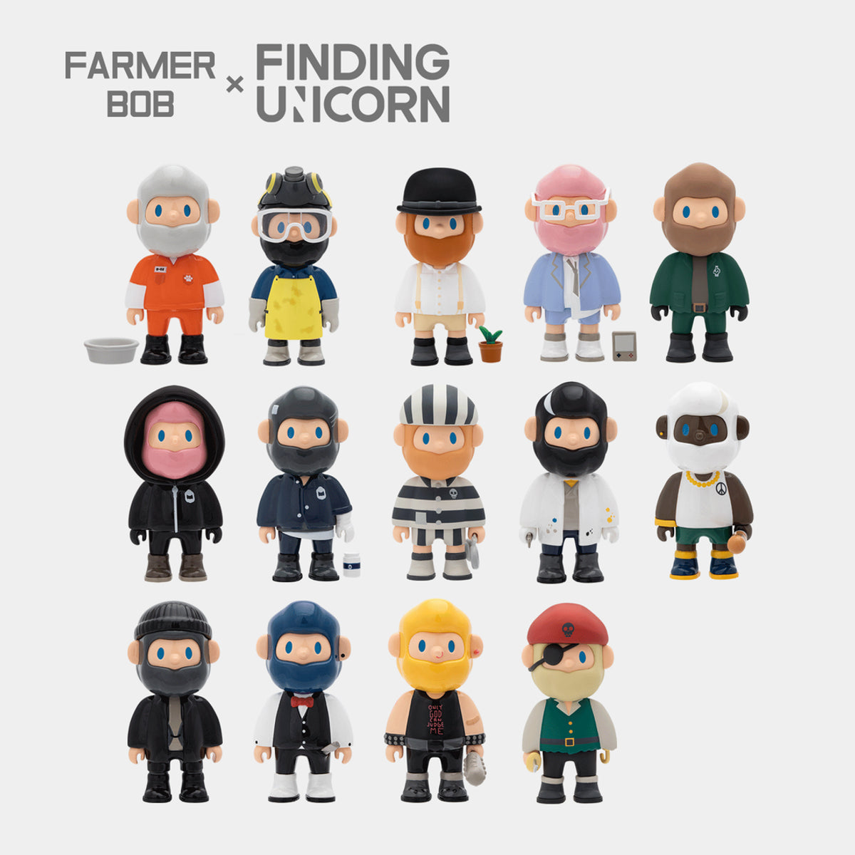 Display of multiple Farmer Bob Fact or Opinion vinyl figures from the blind box series