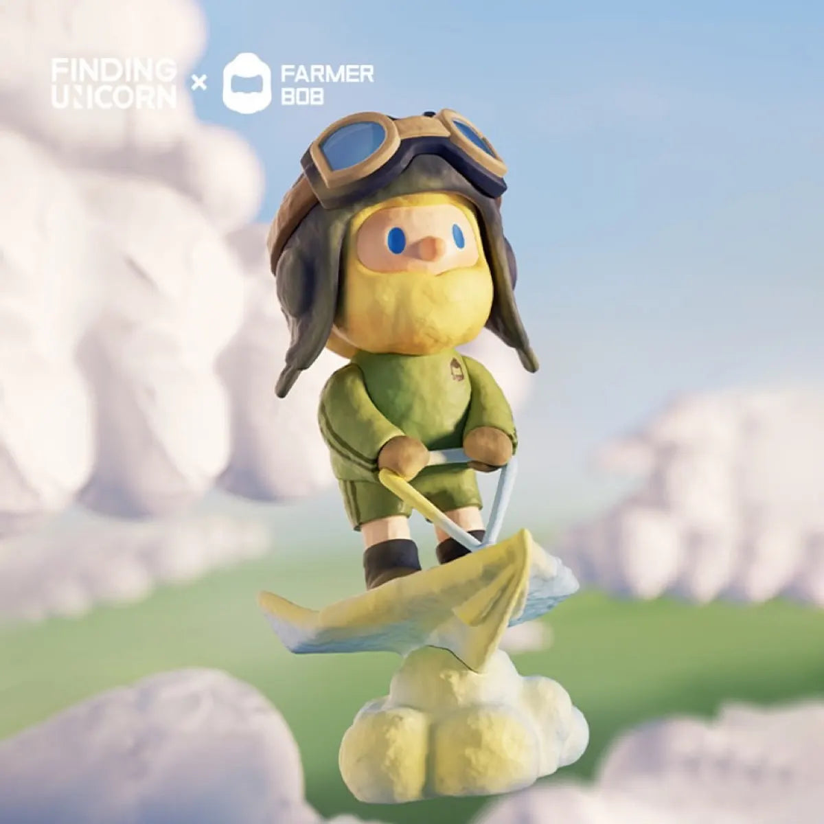 Bob flying on a paper airplane cloud with aviator goggles, Feeling You Series vinyl toy.