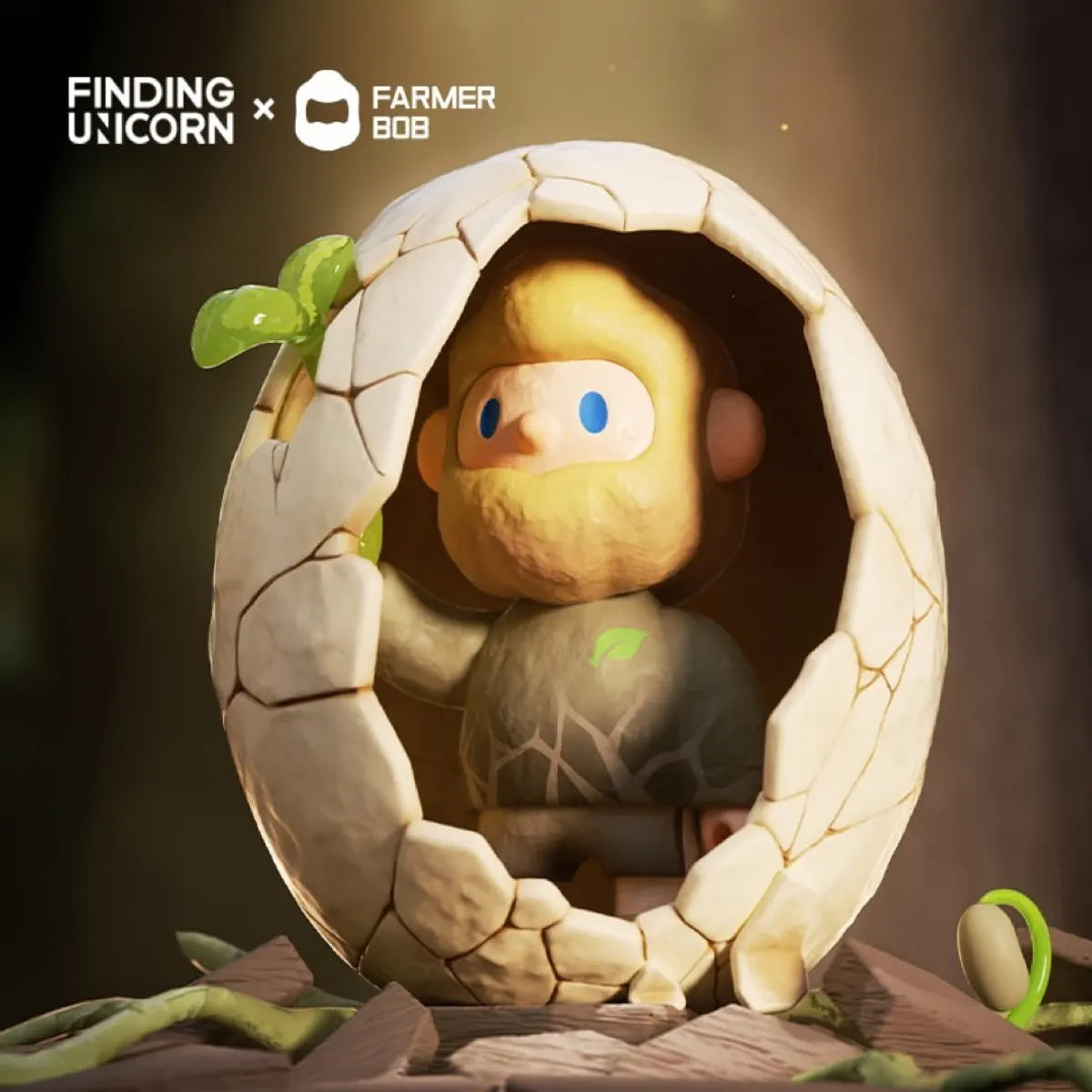 Farmer Bob vinyl figure emerging from a cracked egg, Feeling You Series by Finding Unicorn.