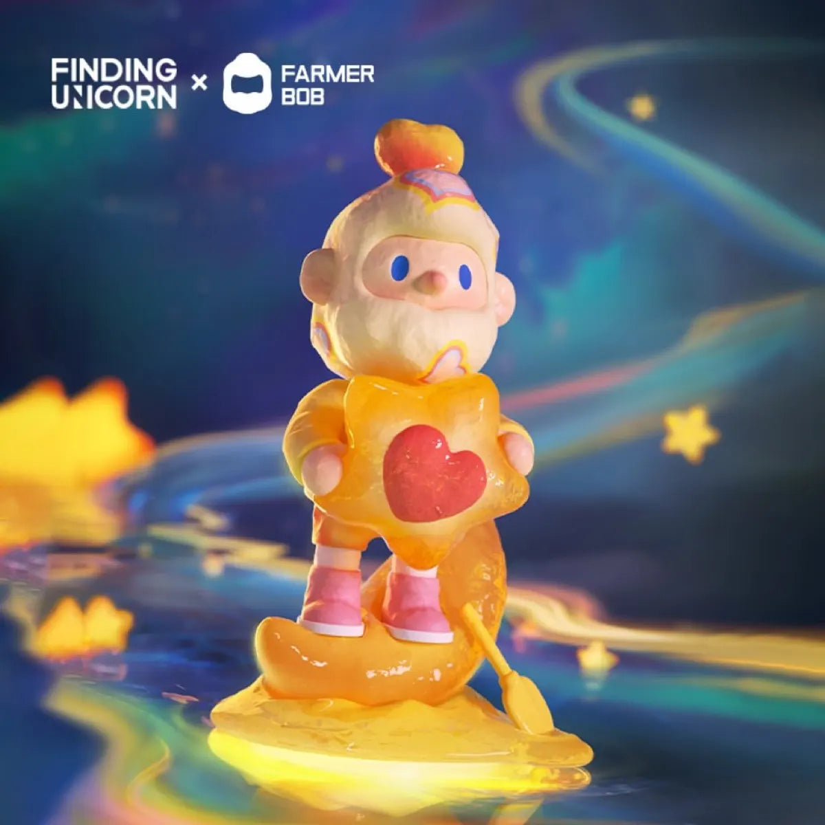 Bob holding a glowing heart while standing on a crescent moon, Feeling You Blind Box.