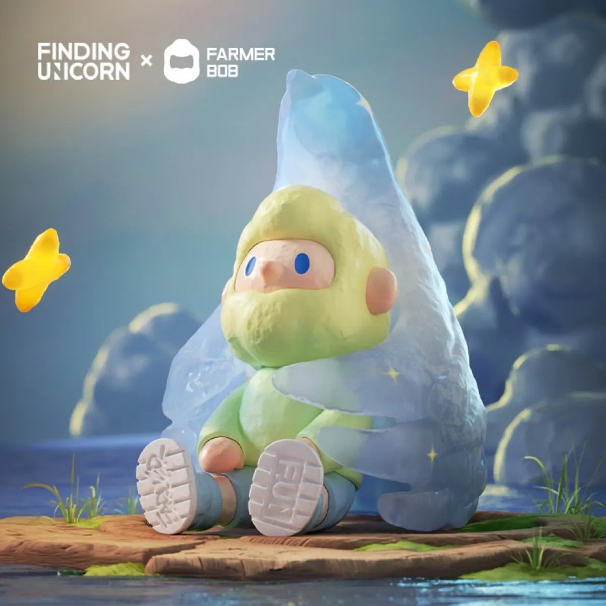 Bob sitting with a dreamy starry cloak and glowing butterflies, Feeling You Series collectible.