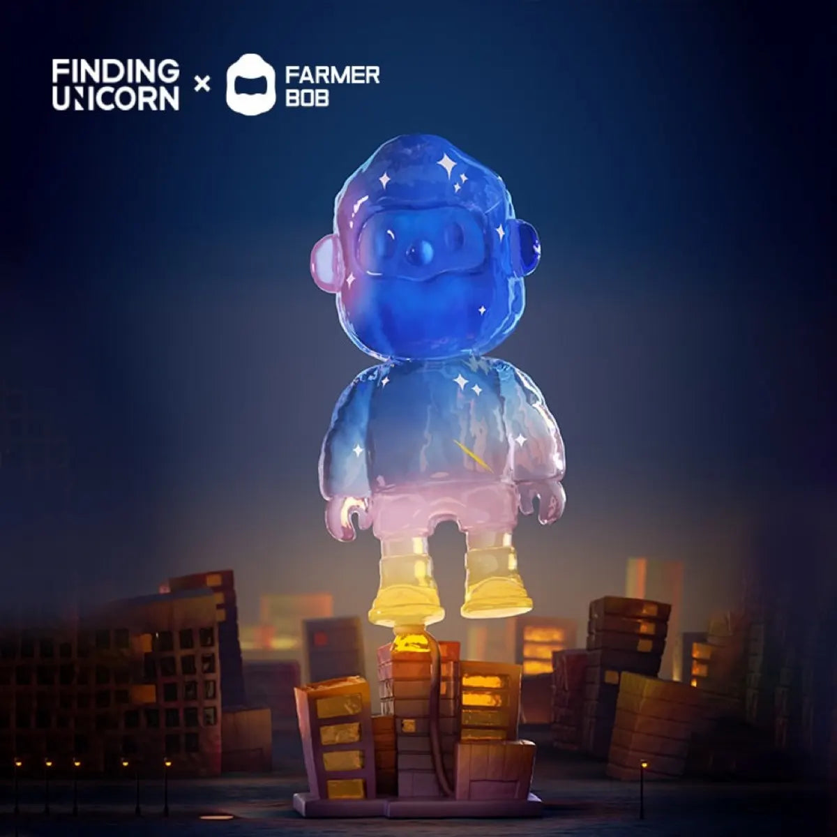 Bob translucent starry figure floating above city buildings, Feeling You Series by Finding Unicorn.