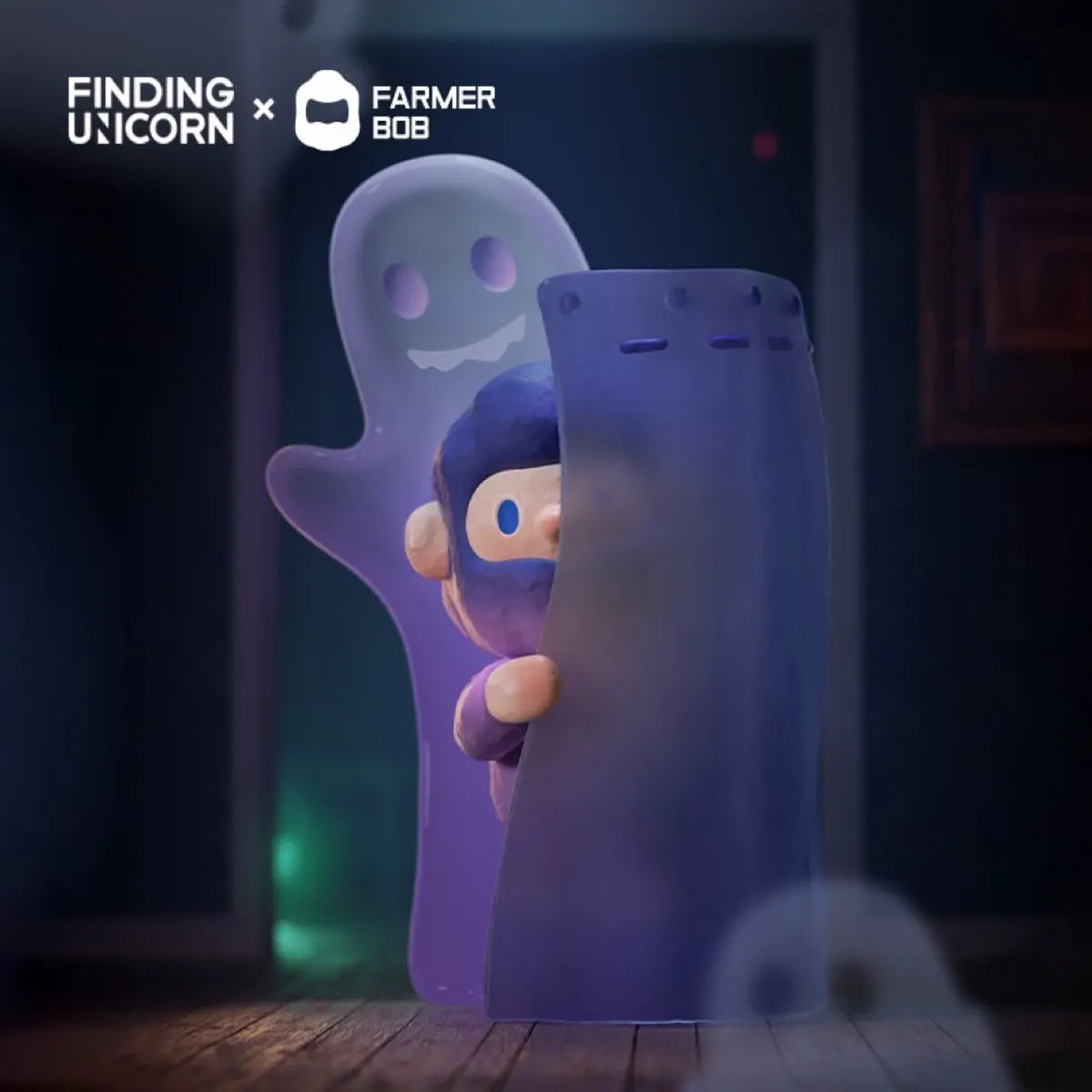 Bob peeking from behind a ghostly translucent figure, Feeling You Blind Box collectible.