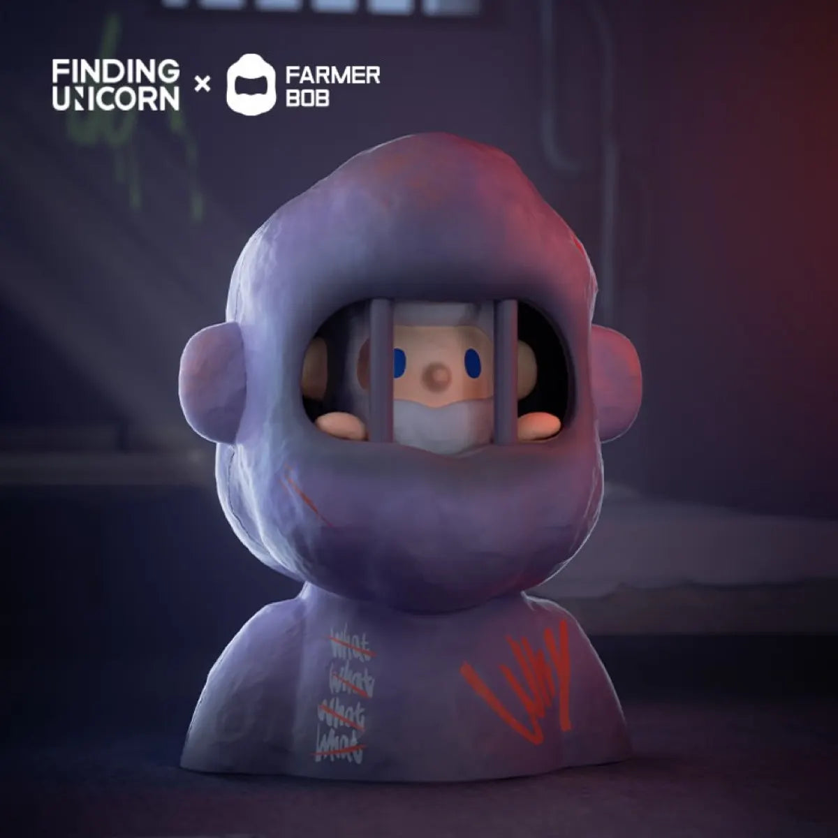 Bob behind prison bars inside a large head-shaped sculpture, Feeling You Blind Box figure.