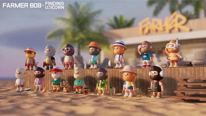 Full lineup of Farmer Bob Island Series figures displayed together on the beach by Finding Unicorn