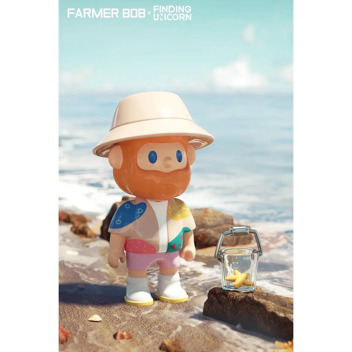 Farmer Bob in colorful patterned shirt and beige hat holding a bucket with a starfish inside from the Island Series