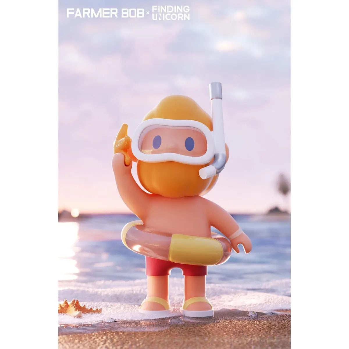 Farmer Bob vinyl figure with snorkel, float ring, and beach background from the Island Series by Finding Unicorn