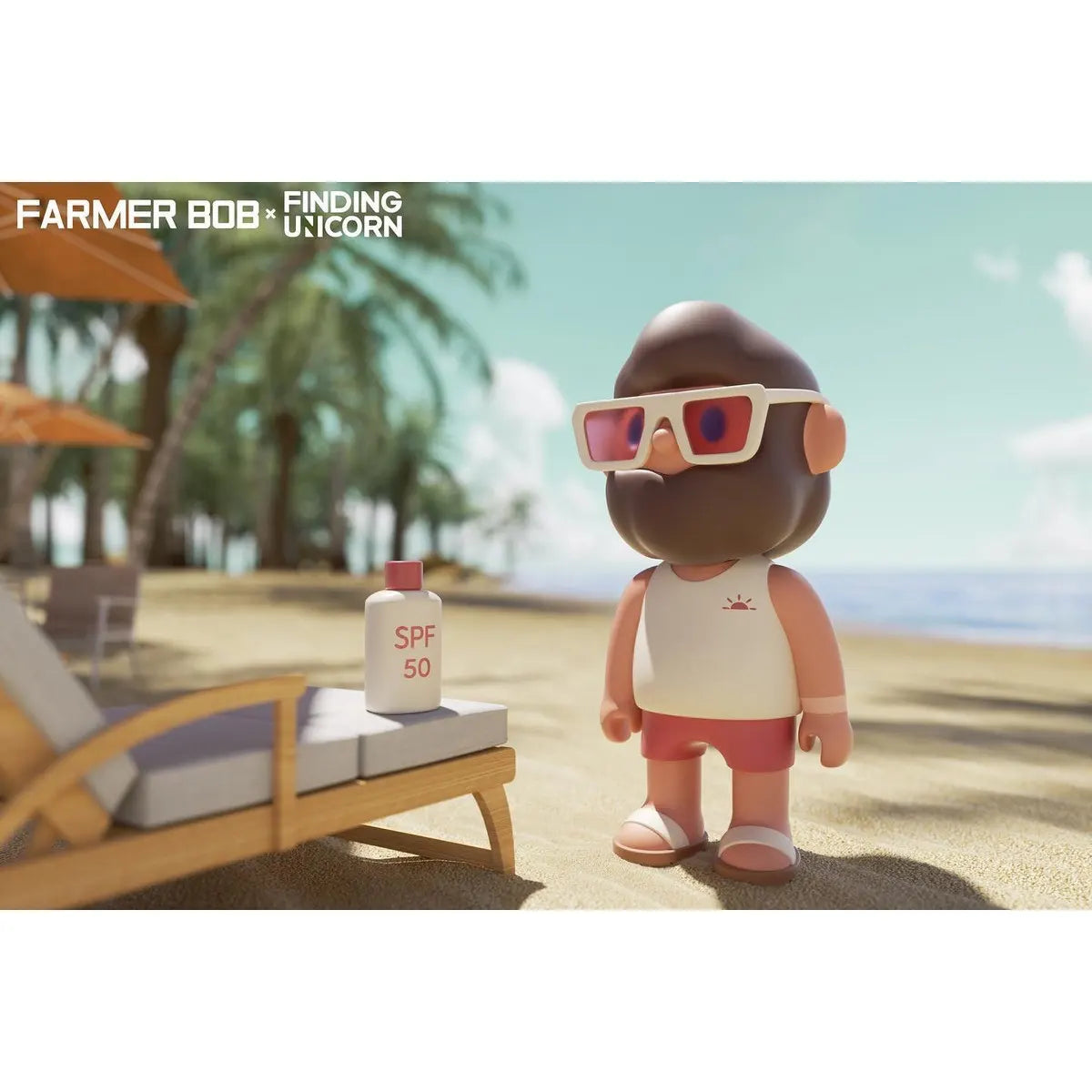Farmer Bob wearing sunglasses and beach attire with SPF 50 sunscreen bottle beside him from the Island Series