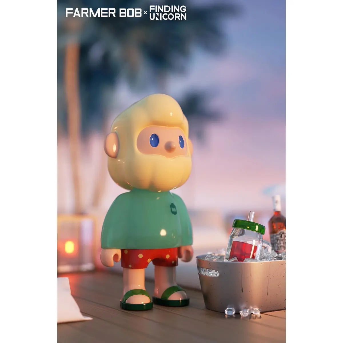 Farmer Bob in green shirt and red shorts standing next to a bucket of iced drinks from the Island Series