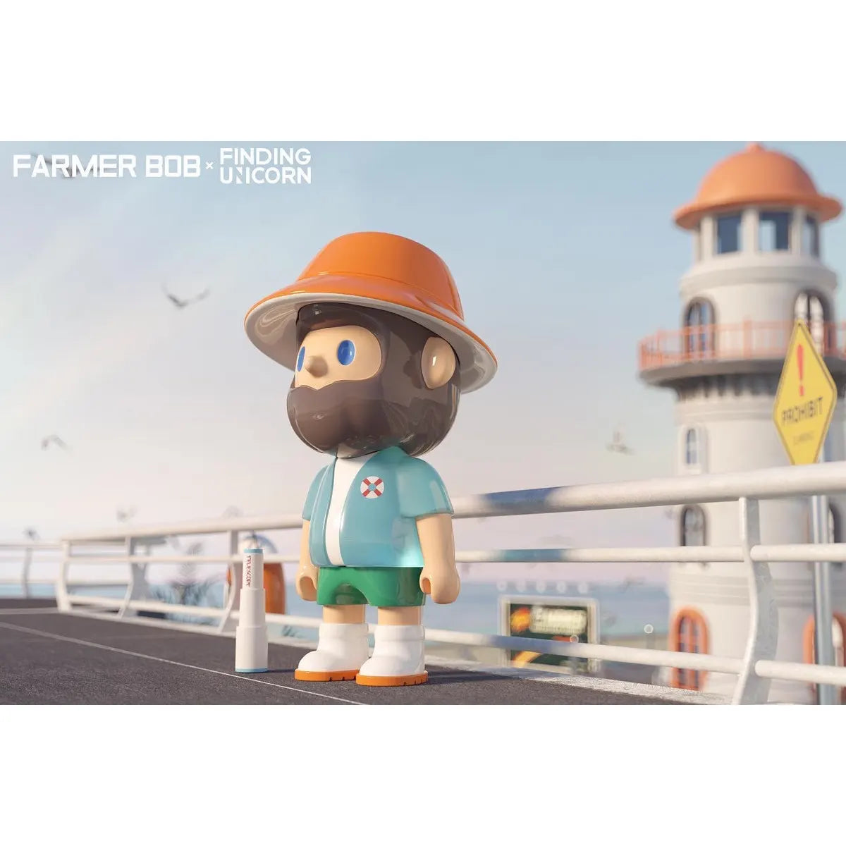 Farmer Bob wearing an orange sun hat and blue shirt with lighthouse background from the Island Series