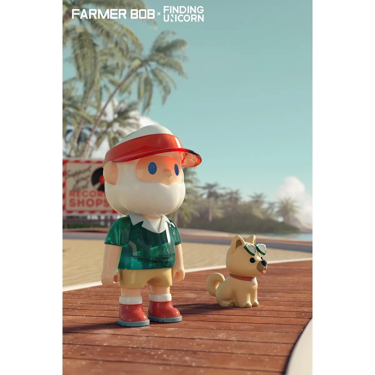 Farmer Bob in green shirt and red visor standing next to a small dog wearing sunglasses from the Island Series