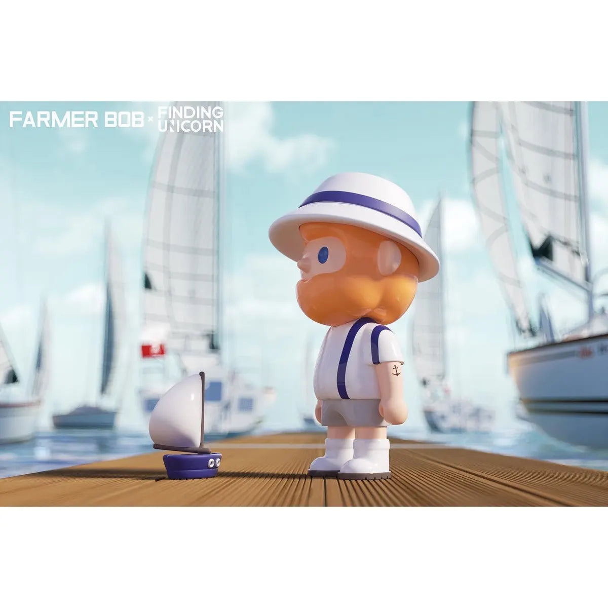 Farmer Bob in sailor outfit with toy sailboat on a dock from the Island Series blind box