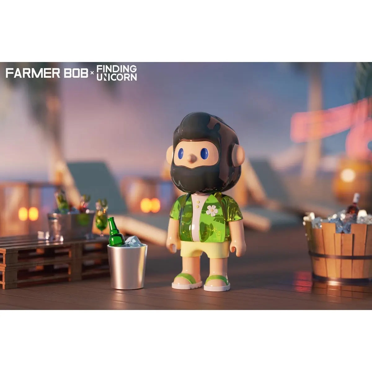 Farmer Bob in a green Hawaiian shirt with tropical drink display at a beach party from the Island Series