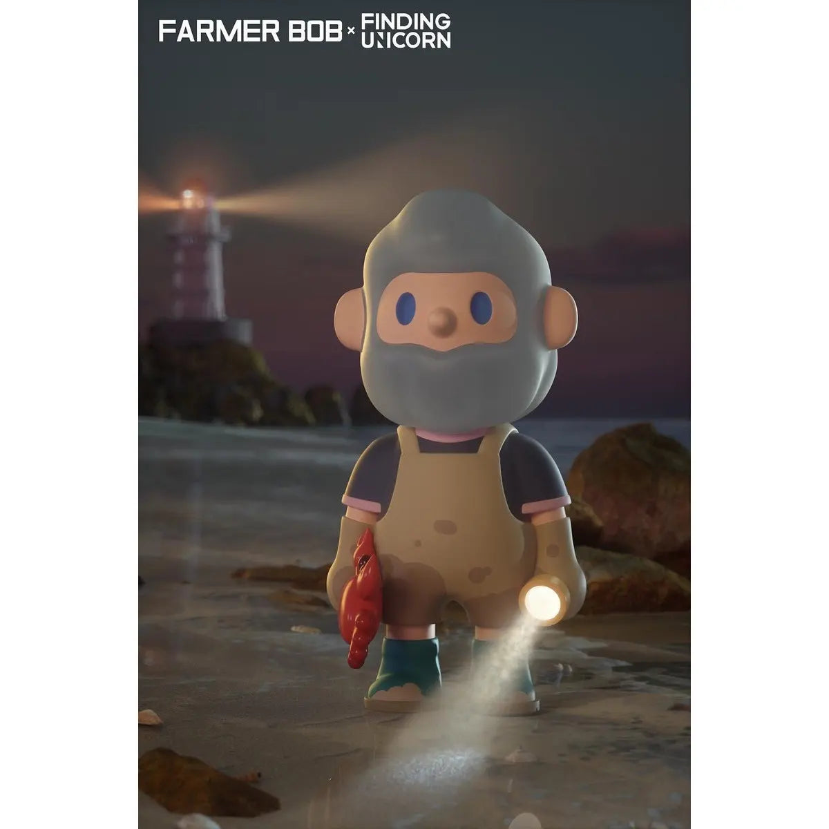 Farmer Bob at night on the beach with flashlight and crab, lighthouse in background from the Island Series