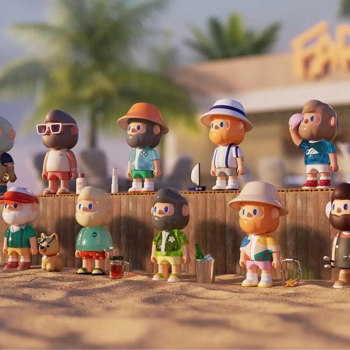 Full lineup of Farmer Bob Island Series figures displayed together on the beach by Finding Unicorn