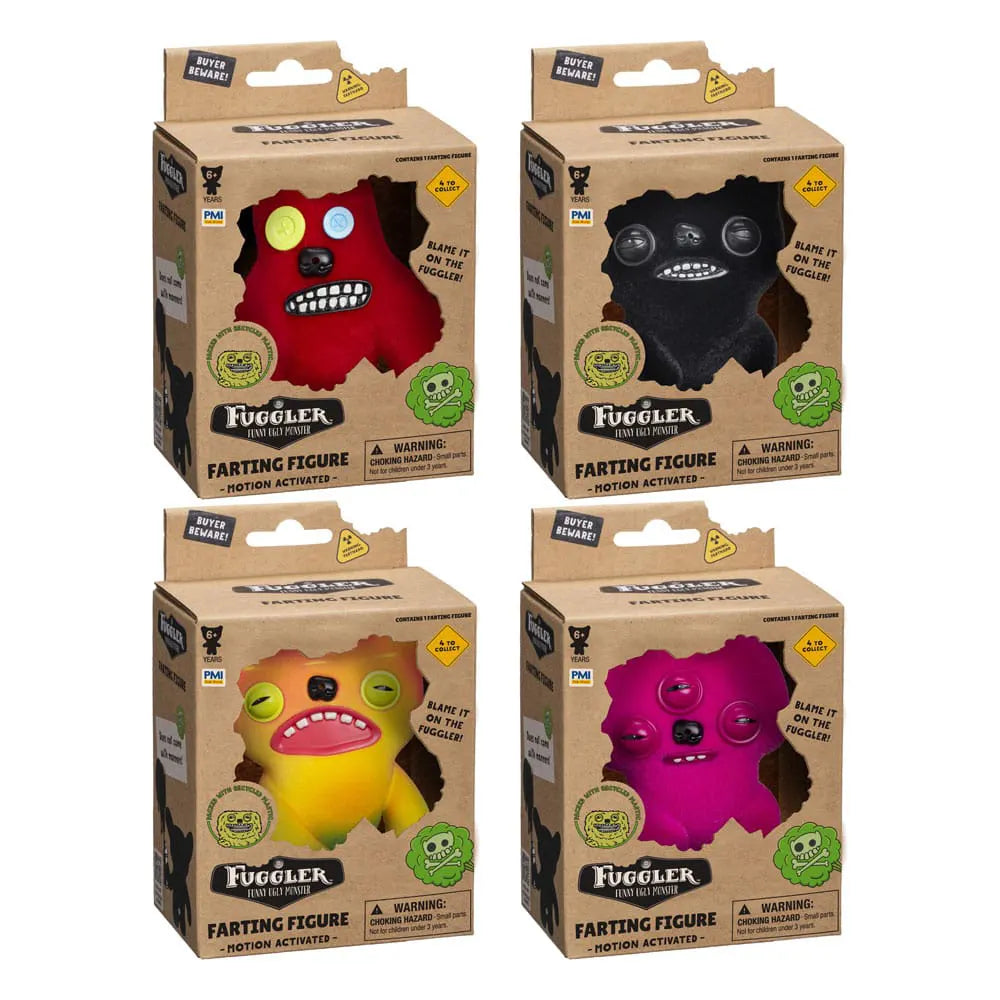 Farting Fuggler vinyl figures assortment in packaging showing all four color variants.