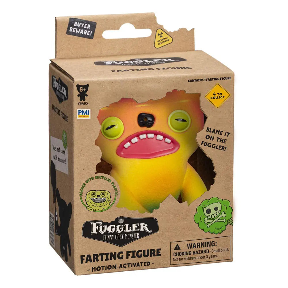 Yellow to blue gradient Fuggler vinyl figure with motion sensor and fart sound feature.