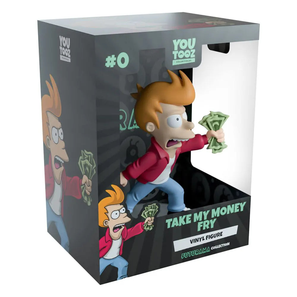 Close-up of Fry vinyl figure in Youtooz packaging featuring "Shut up and take my money" design.