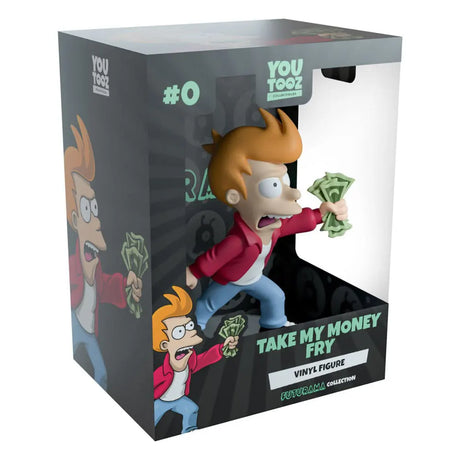 Close-up of Fry vinyl figure in Youtooz packaging featuring "Shut up and take my money" design.