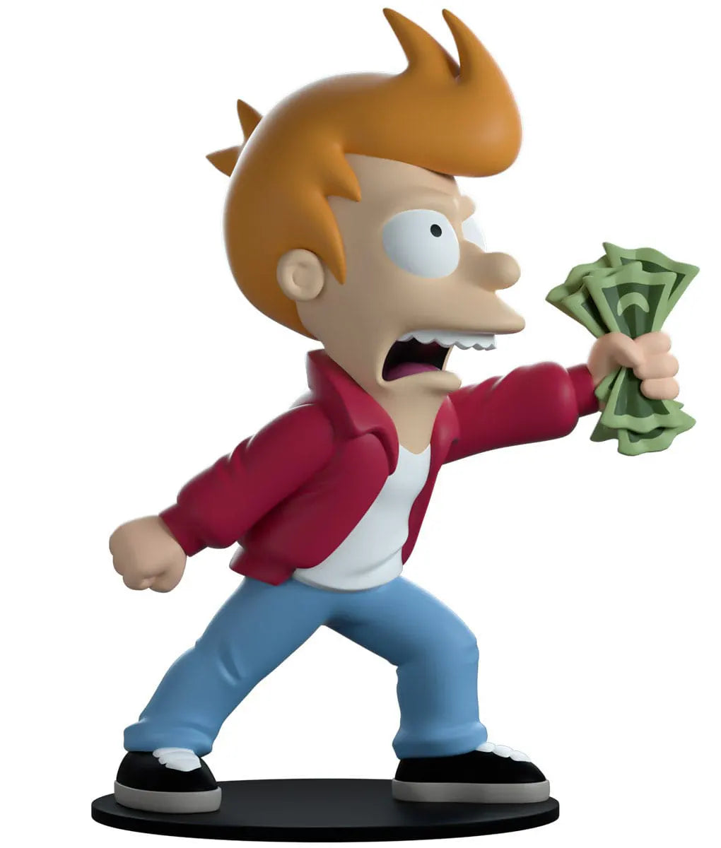 Side angle of Futurama Fry Youtooz collectible with dollar bills and intense expression.