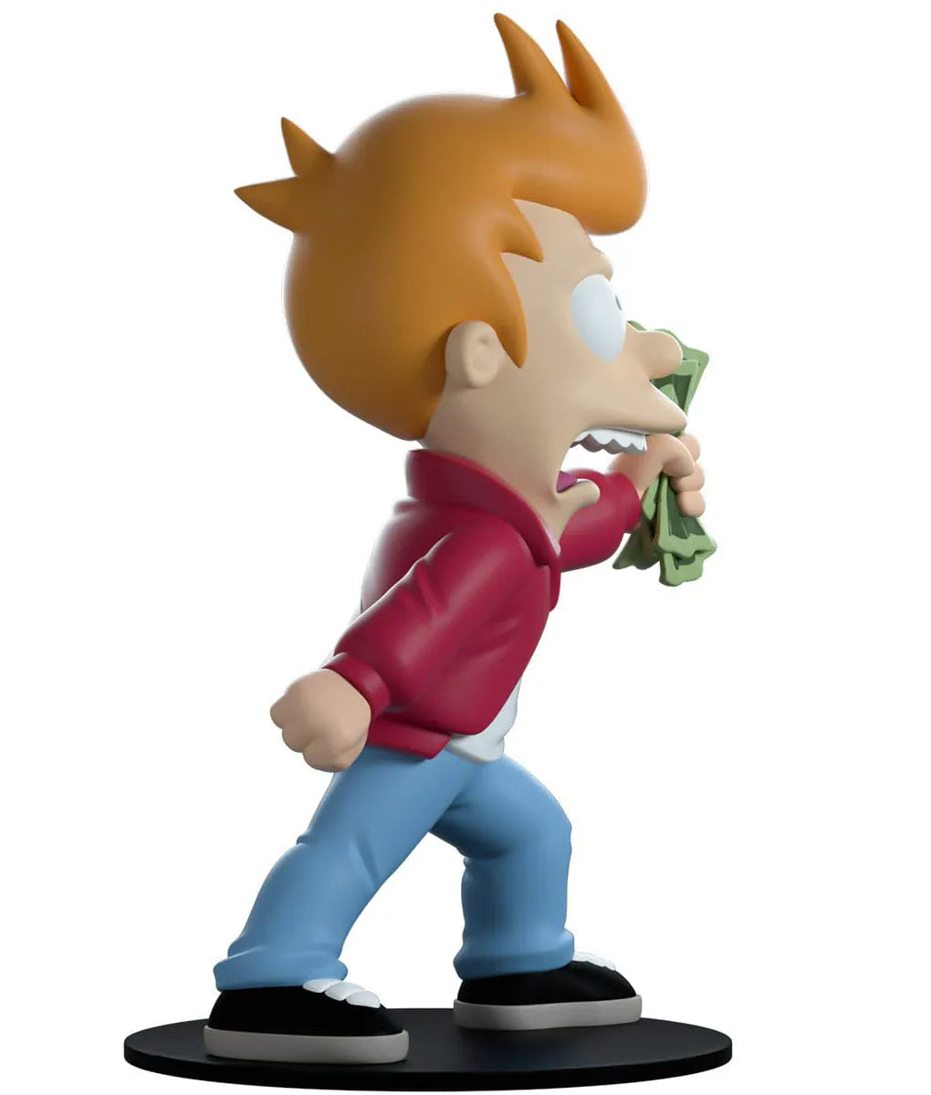 Side angle of Futurama Fry Youtooz collectible with dollar bills and intense expression.
