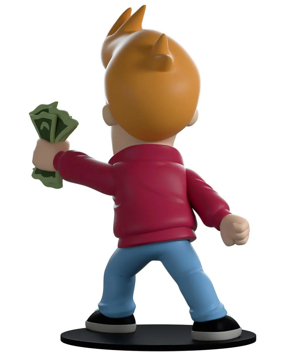 Back angle of Futurama Fry Youtooz collectible with dollar bills and intense expression.